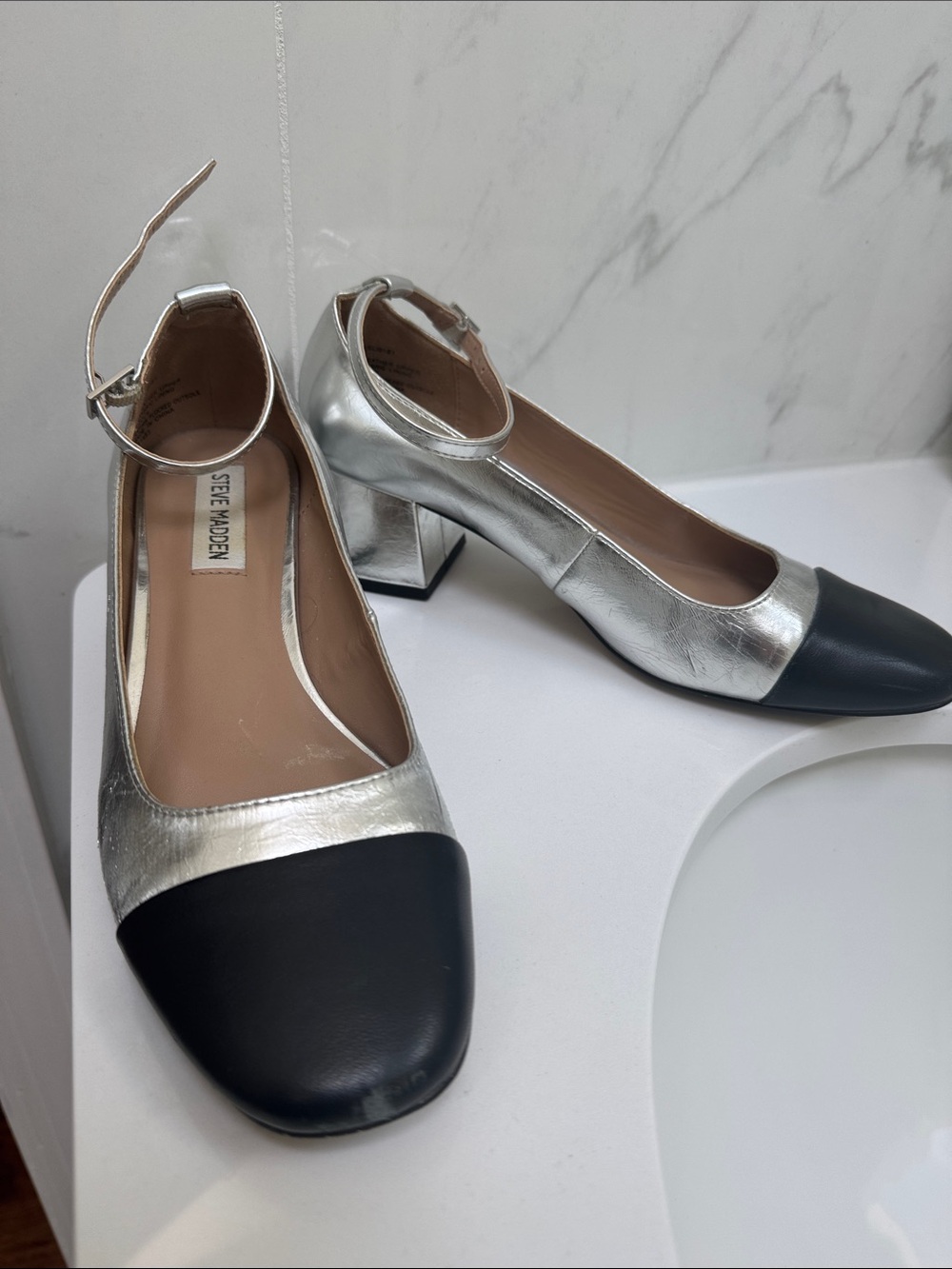 Steve Madden Silver Metallic and Black Block Heel Pumps